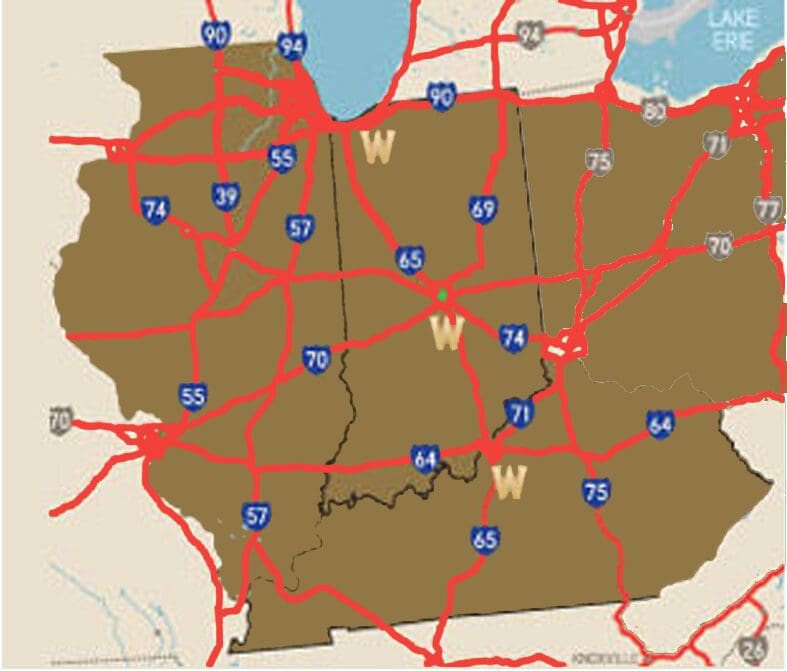 A map of the state of indiana with interstate markers.