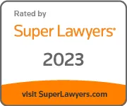 A badge that says rated by super lawyers 2 0 2 3.